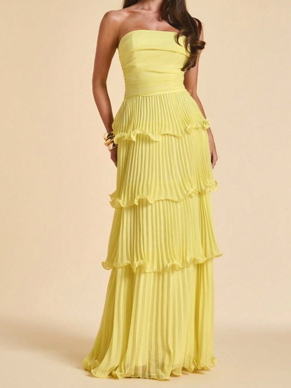 Yellow Elegant Ruffled Sleeveless A-Line Women's Dress - Picture 5 of 7